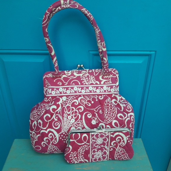 Hot Pink Kisslock Purse and Matching Clutch Classic Vera Bradley Handbag Set 2 - Picture 1 of 15